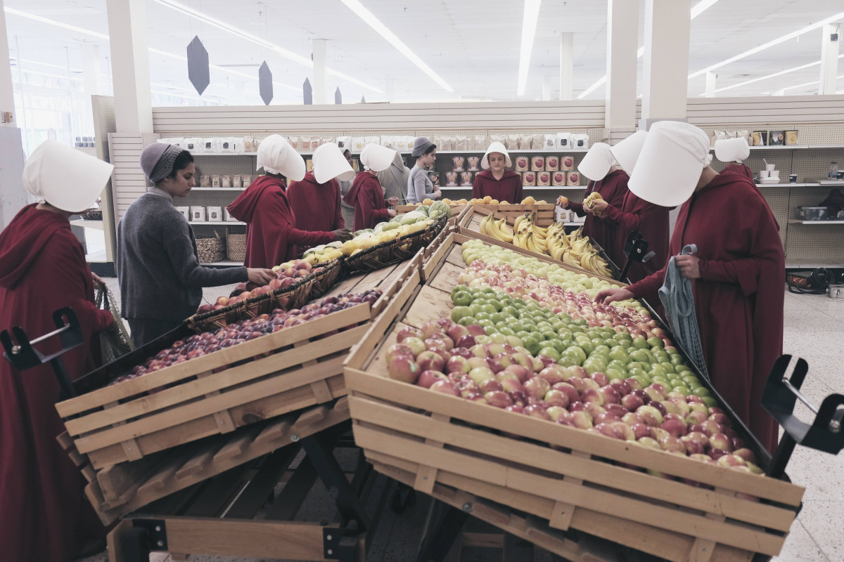 handmaids and marthas shopping in Hulu's The Handmaid's Tale, photo by George Kraychyk