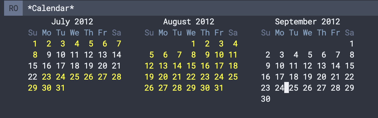 A screenshot of Emacs showing a calendar of three months - from July to August 2012. Some dates are highlighted in yellow while others are not.